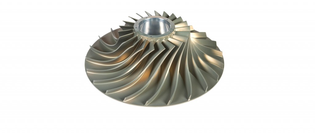 The impeller uses both axial and radial compression for greater efficiency